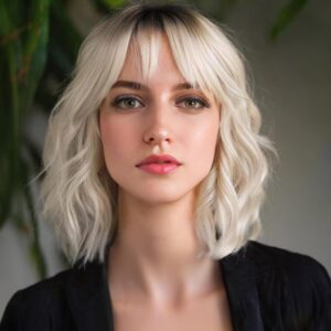 Platinum Blonde Wig with Bangs for Women 14 Inch Short Bob Wavy Curly Wig Ombre Blonde Hair Wigs Heat Resistant Synthetic Wigs