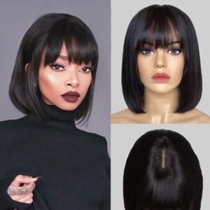 Bob Wig With Bangs Human Hair 180% Density Glueless Short Bob Wigs For Women Upgraded Machine Made Middle Part 3x1 Lace Wig (10inch, Bob With Bangs)