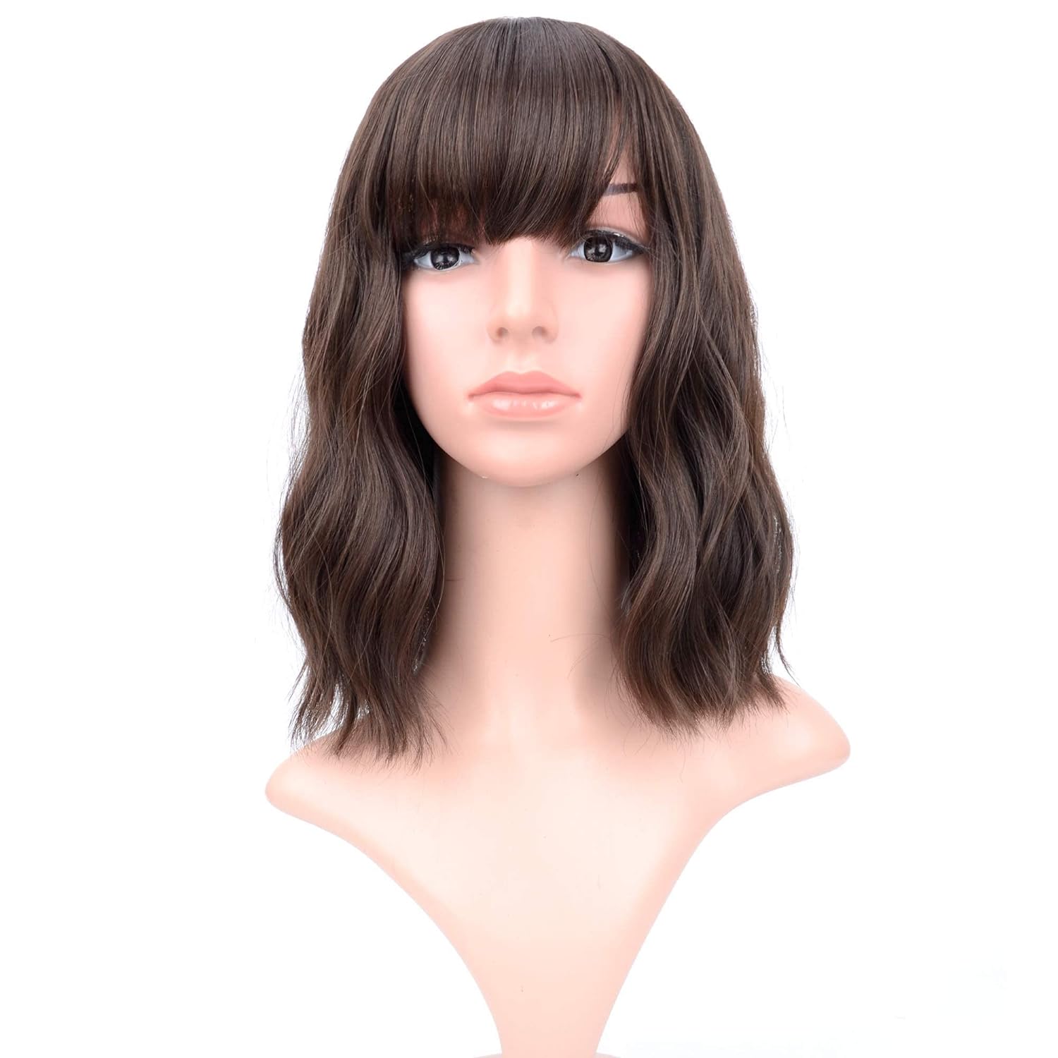 VCKOVCKO Short Bob Wigs Natural Brown Wavy Wig With Air Bangs Women's Shoulder Length Wigs Curly Wavy Synthetic Cosplay Wig Pastel Bob Wig for Girl Colorful Wigs(12", Natural Brown) - Image 5