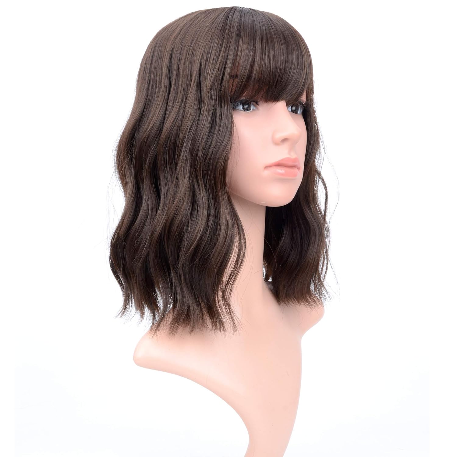 VCKOVCKO Short Bob Wigs Natural Brown Wavy Wig With Air Bangs Women's Shoulder Length Wigs Curly Wavy Synthetic Cosplay Wig Pastel Bob Wig for Girl Colorful Wigs(12", Natural Brown) - Image 4