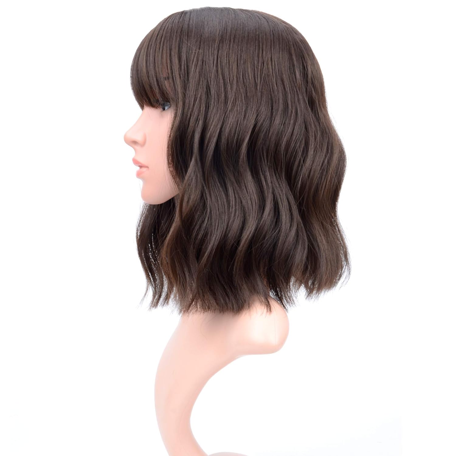VCKOVCKO Short Bob Wigs Natural Brown Wavy Wig With Air Bangs Women's Shoulder Length Wigs Curly Wavy Synthetic Cosplay Wig Pastel Bob Wig for Girl Colorful Wigs(12", Natural Brown) - Image 3