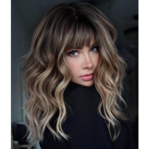 KOME Brown Wig with Bangs,Brown Highlight Wavy Wigs for Women,Shoulder Length Curly Synthetic Hair Wig for Party Daily Use 18IN