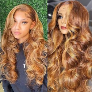 Amarlis Honey Blonde Body Wave Lace Front Wigs for Women,13x4 HD Glueless Lace Front Blonde Highlight Wig Pre Plucked Ready to Wear Synthetic Wigs for Daily Use(Honey Blonde Highlight)