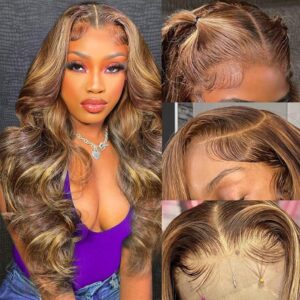 SWEETGIRL 13x6 Highlight Lace Front Wigs Human Hair Body Wave Hd Lace Frontal Wigs 4/27 Honey Blonde Ombre Colored Human Hair Wigs for Women Pre Plucked 180 Density 24 Inch