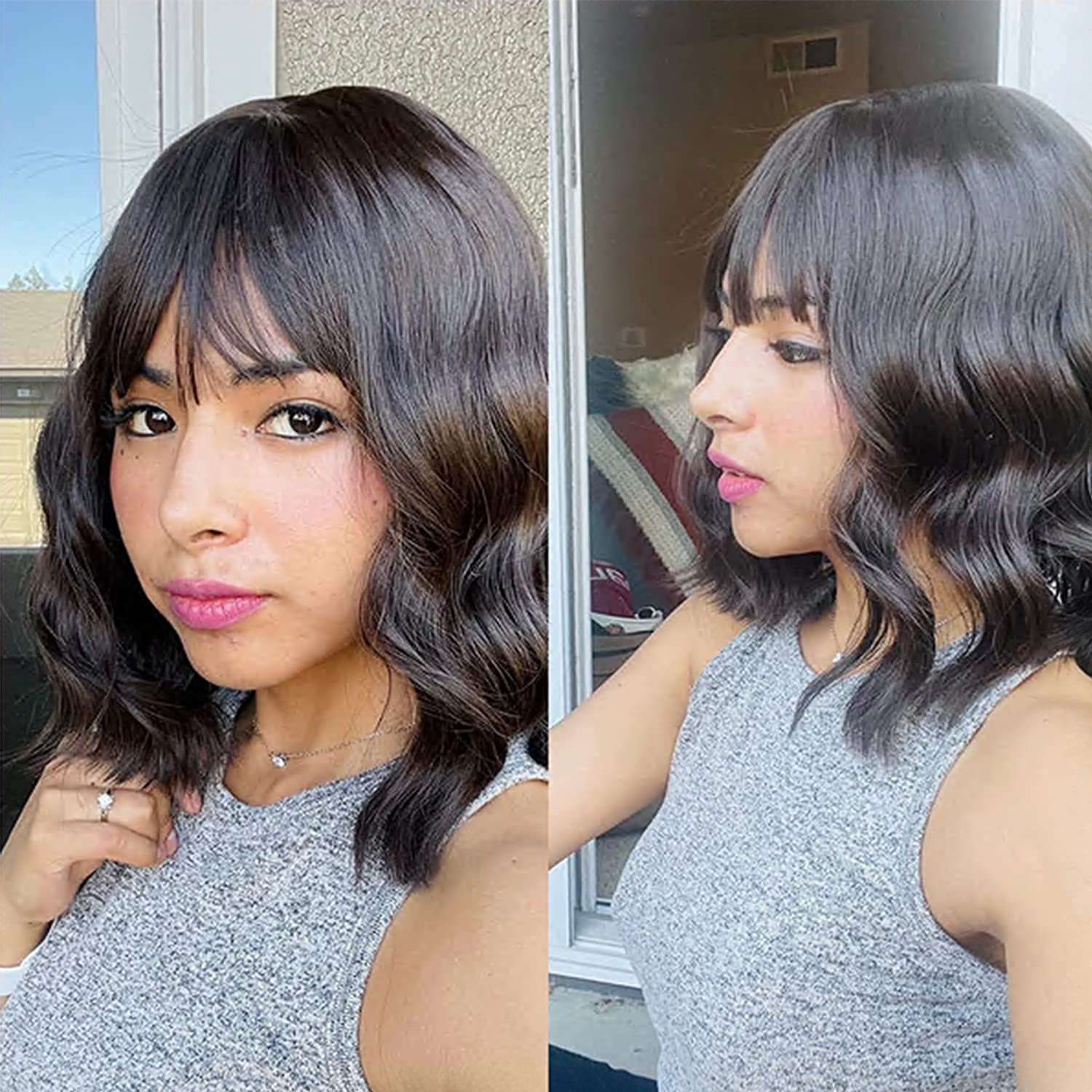 VCKOVCKO Short Bob Wigs Natural Brown Wavy Wig With Air Bangs Women's Shoulder Length Wigs Curly Wavy Synthetic Cosplay Wig Pastel Bob Wig for Girl Colorful Wigs(12", Natural Brown) - Image 2