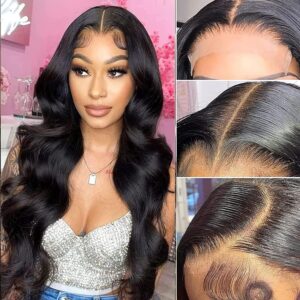 Aaliweya 5x5 HD Transparent Lace Closure Wigs Human Hair Body Wave 5x5 Lace Closure Wigs for Women 150% Density Closure Wigs Pre Plucked with Baby Hair Soft and Smooth Natural Black Color 18 inch