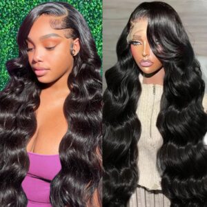 NAJOAI Body Wave Lace Front Wigs Human Hair Pre Plucked 180 Density 26 Inch 13x4 HD Transparent Frontal Wigs Glueless Wigs Human Hair Lace Front Wig for Black Women with Baby Hair Natural Black