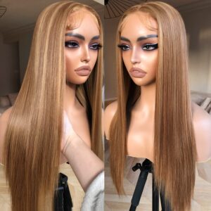 Honey Blonde Lace Front Wig - Pre Plucked, Ready to Wear, HD Glueless 13X5X1 - Highlight Synthetic Straight Wig for Women, SunKissed 4/27 Ombre Honey Blonde
